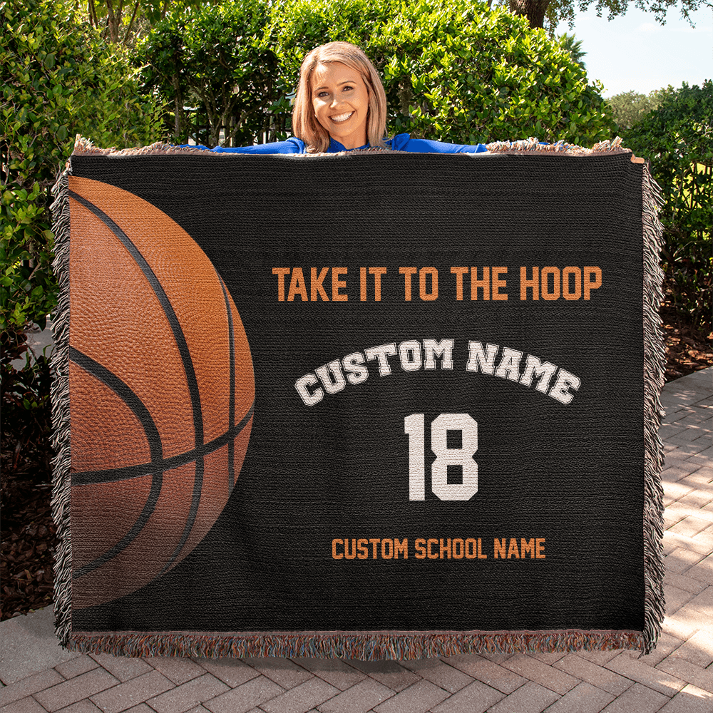 Personalized Basketball Woven Blanket – School Spirit Gift, Custom Fleece/Sherpa Throw