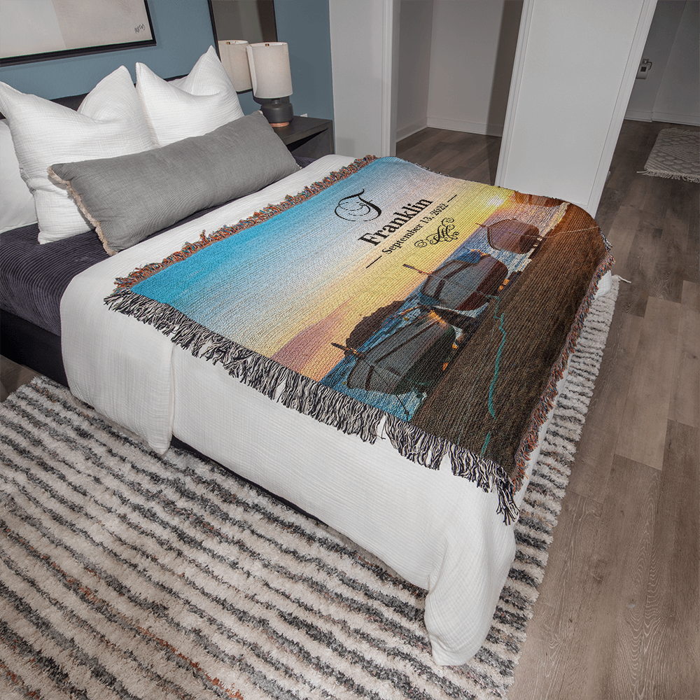 Personalized Boats Sunset Monogram Woven Blanket Custom Last Name and Date Throw