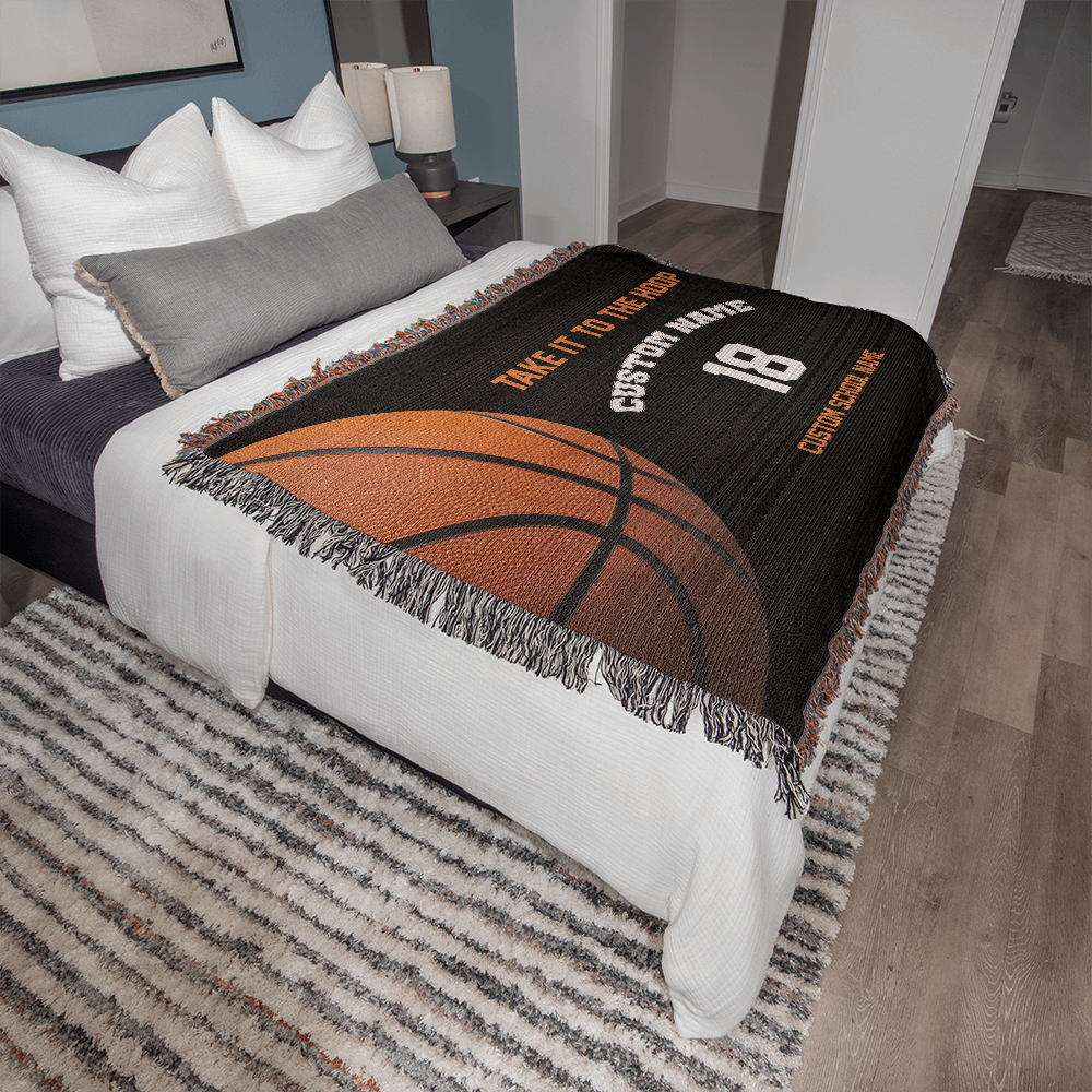 Personalized Basketball Woven Blanket – School Spirit Gift, Custom Fleece/Sherpa Throw