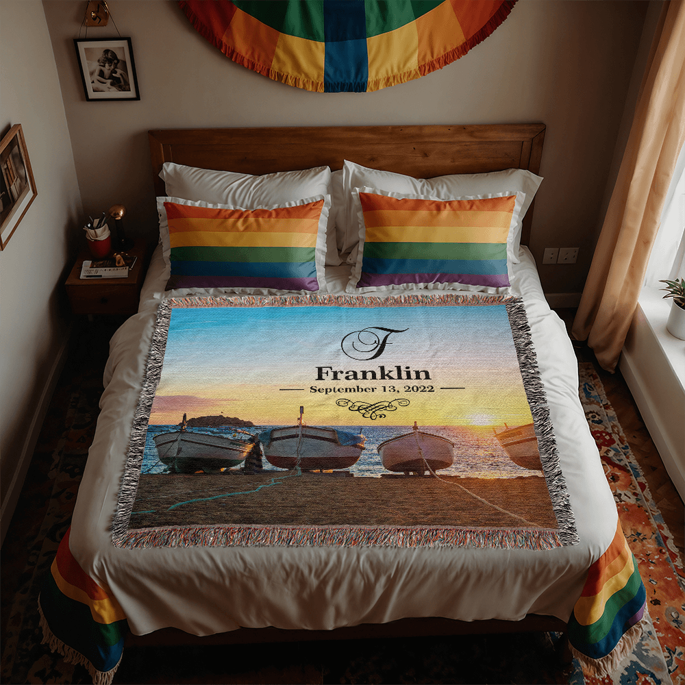 Personalized Boats Sunset Monogram Woven Blanket Custom Last Name and Date Throw