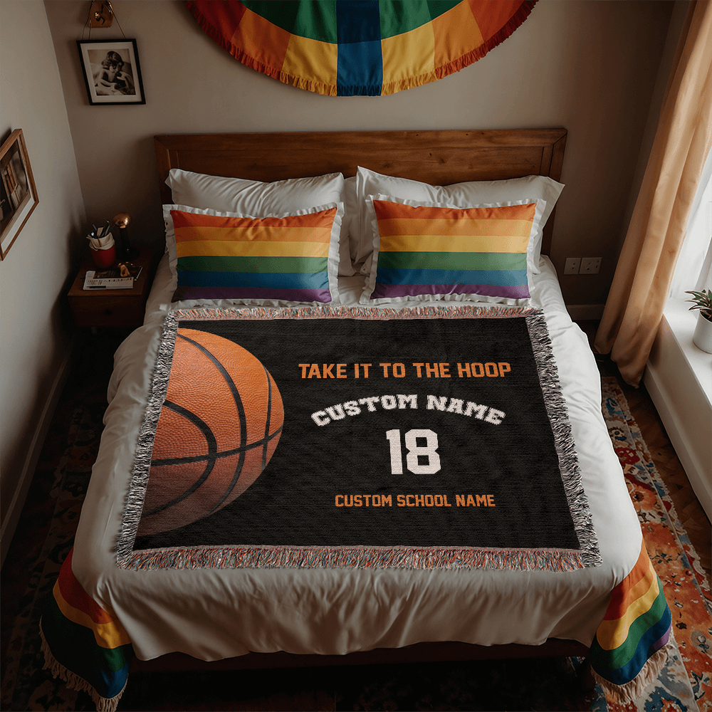 Personalized Basketball Woven Blanket – School Spirit Gift, Custom Fleece/Sherpa Throw