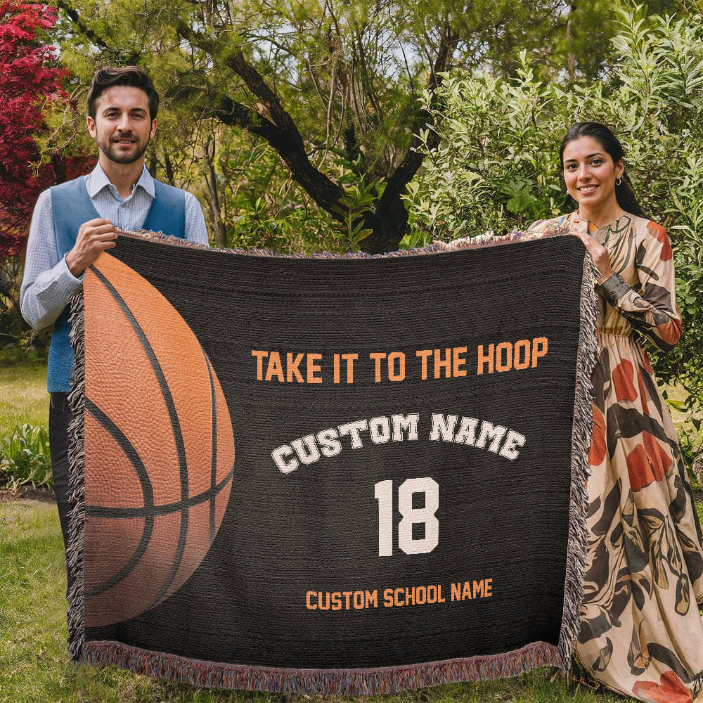 Personalized Basketball Woven Blanket – School Spirit Gift, Custom Fleece/Sherpa Throw