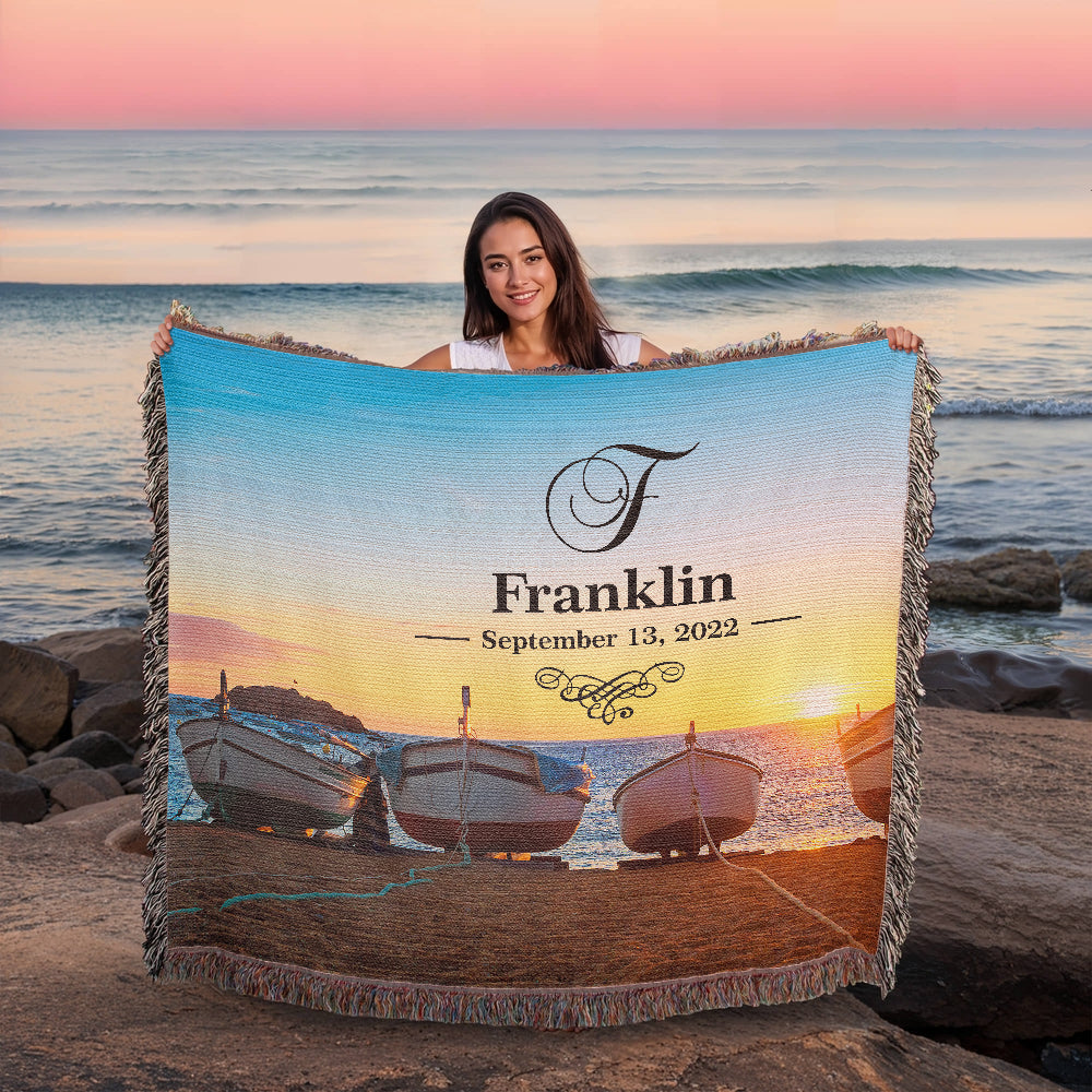 Personalized Boats Sunset Monogram Woven Blanket Custom Last Name and Date Throw
