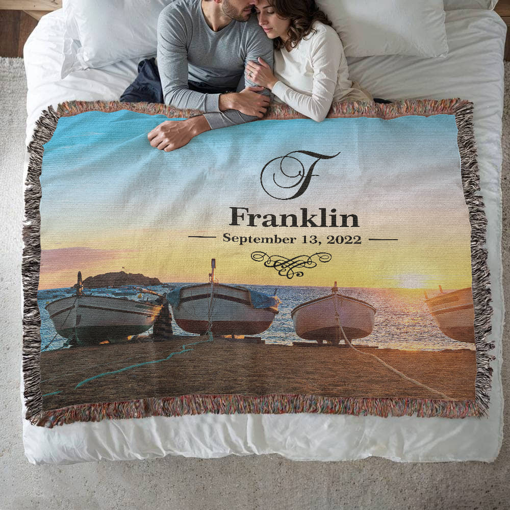 Personalized Boats Sunset Monogram Woven Blanket Custom Last Name and Date Throw