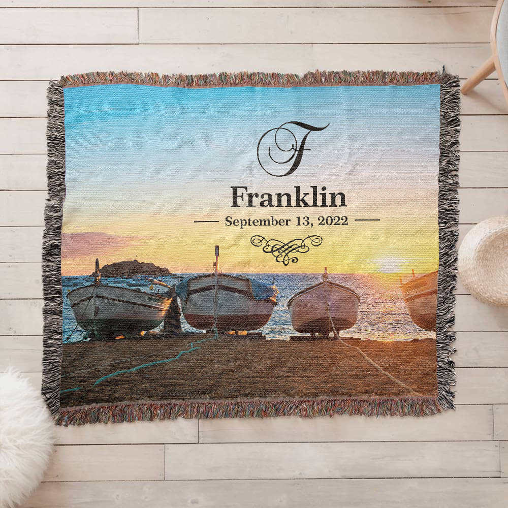 Personalized Boats Sunset Monogram Woven Blanket Custom Last Name and Date Throw
