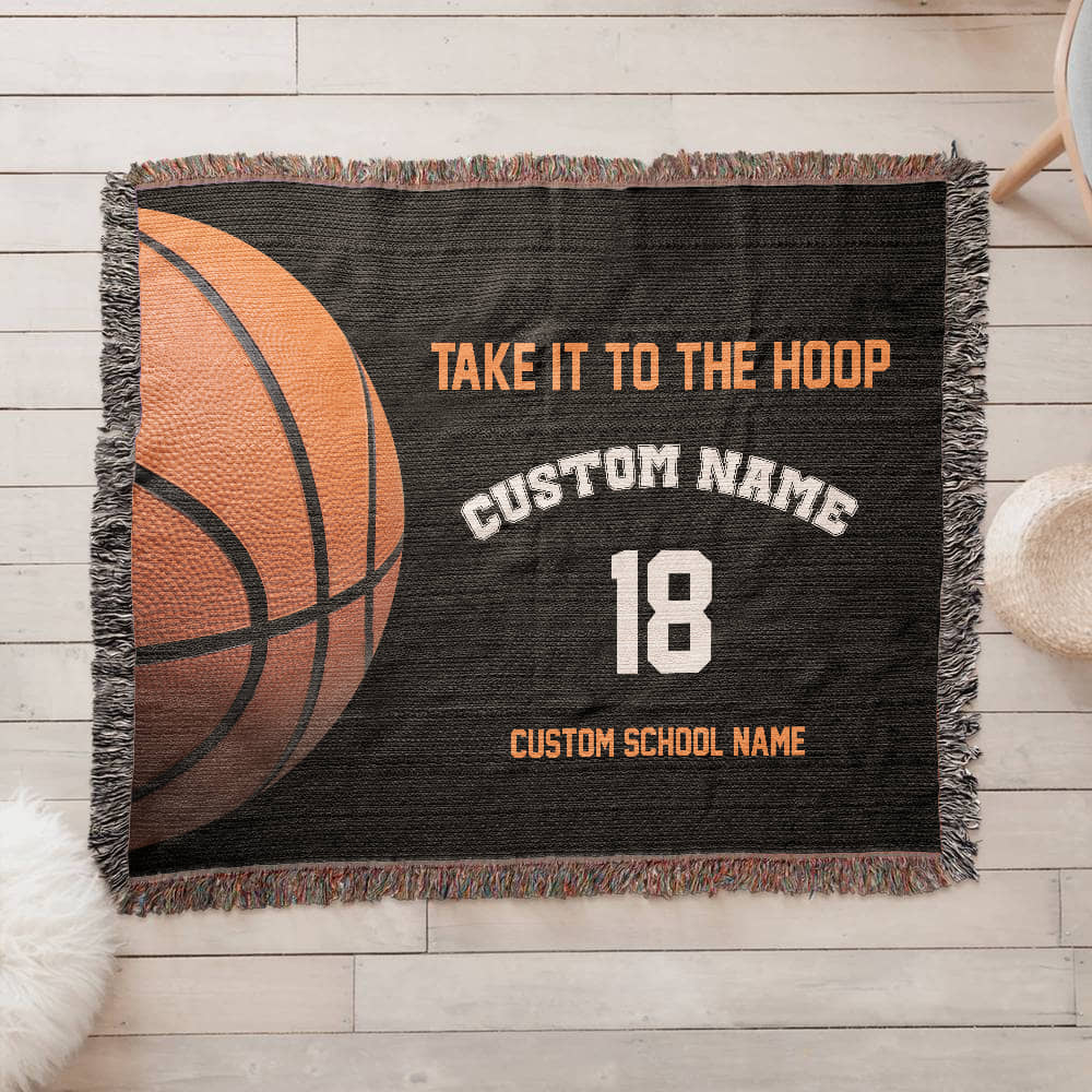 Personalized Basketball Woven Blanket – School Spirit Gift, Custom Fleece/Sherpa Throw