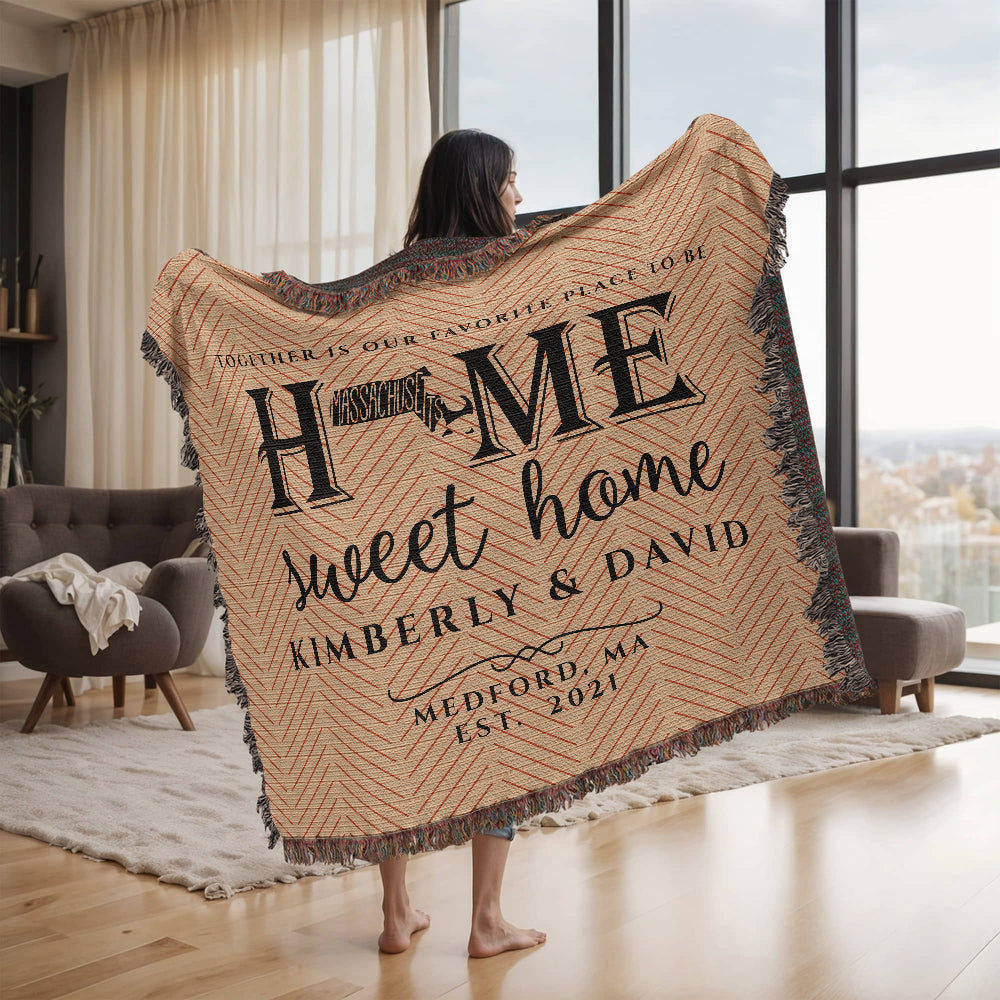 Personalized Massachusetts Woven Blanket – Custom Home State Throw with Name & Location