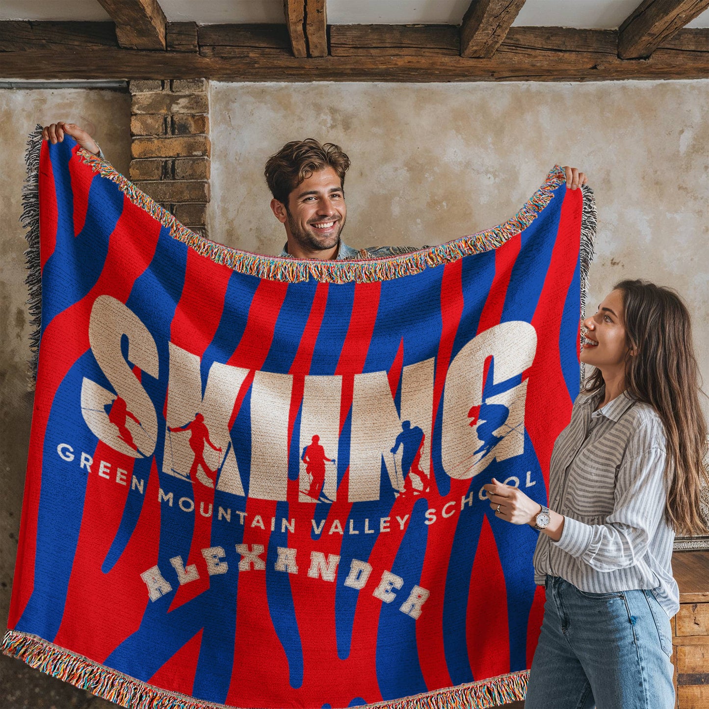 Personalized Skiing Woven Blanket Throw – Custom Skier Gift