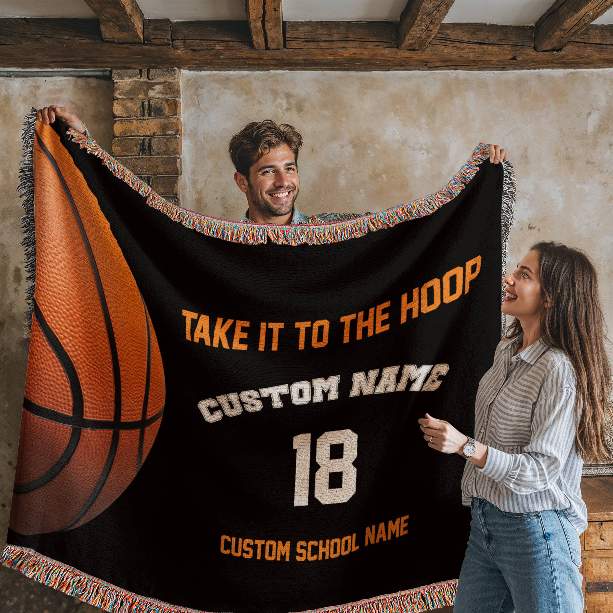 Personalized Basketball Woven Blanket – School Spirit Gift, Custom Fleece/Sherpa Throw