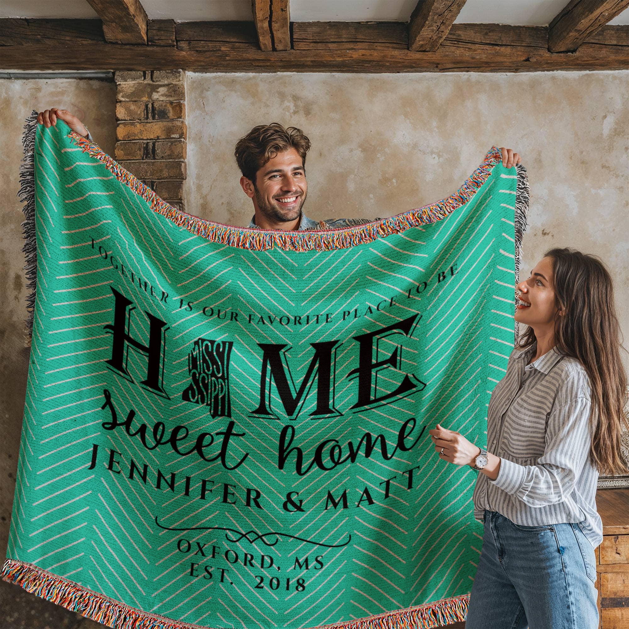 Personalized Mississippi Woven Blanket – Custom Cotton Home Throw with Names & Date
