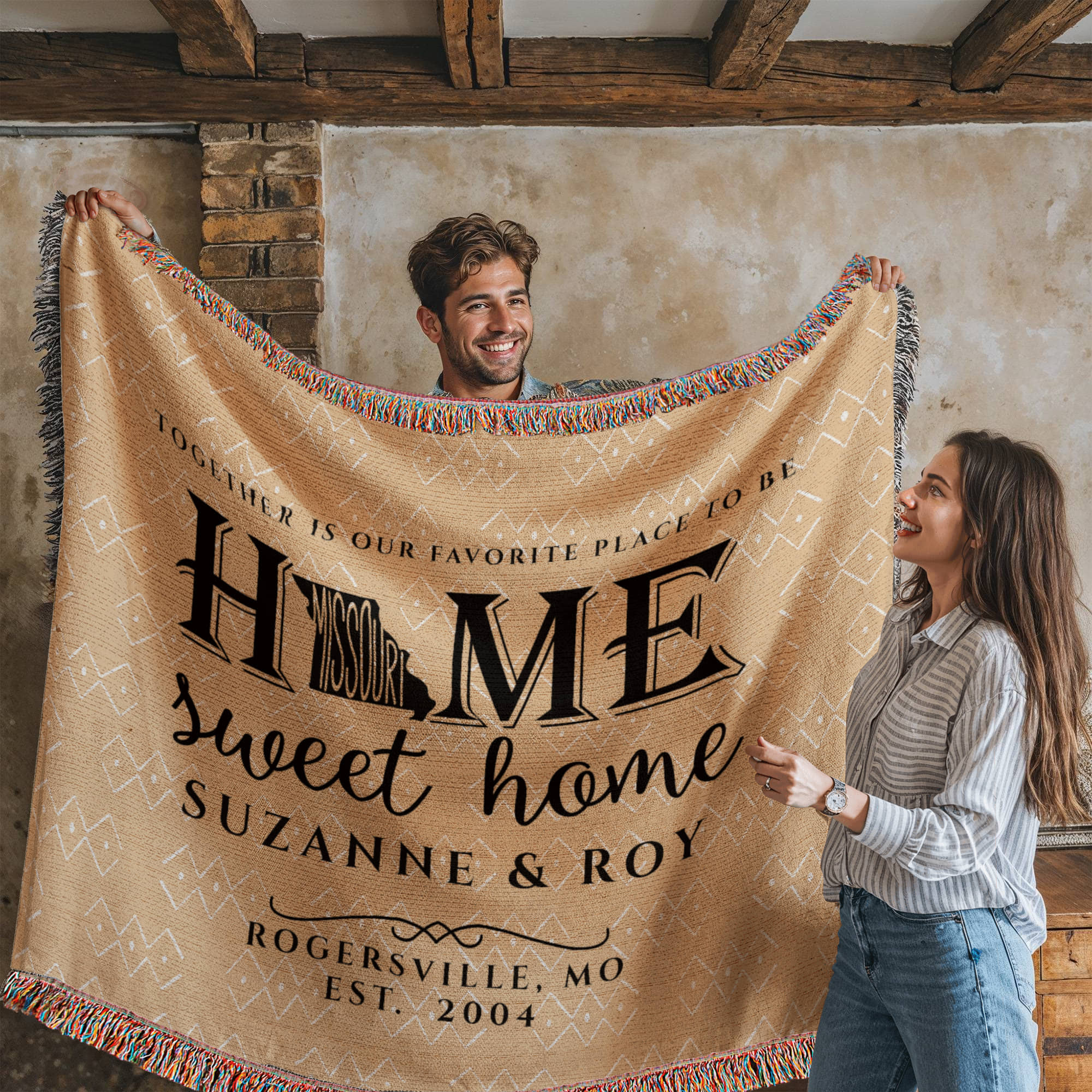 Personalized Missouri Woven Blanket – Custom Cotton Throw with Names, City & Date