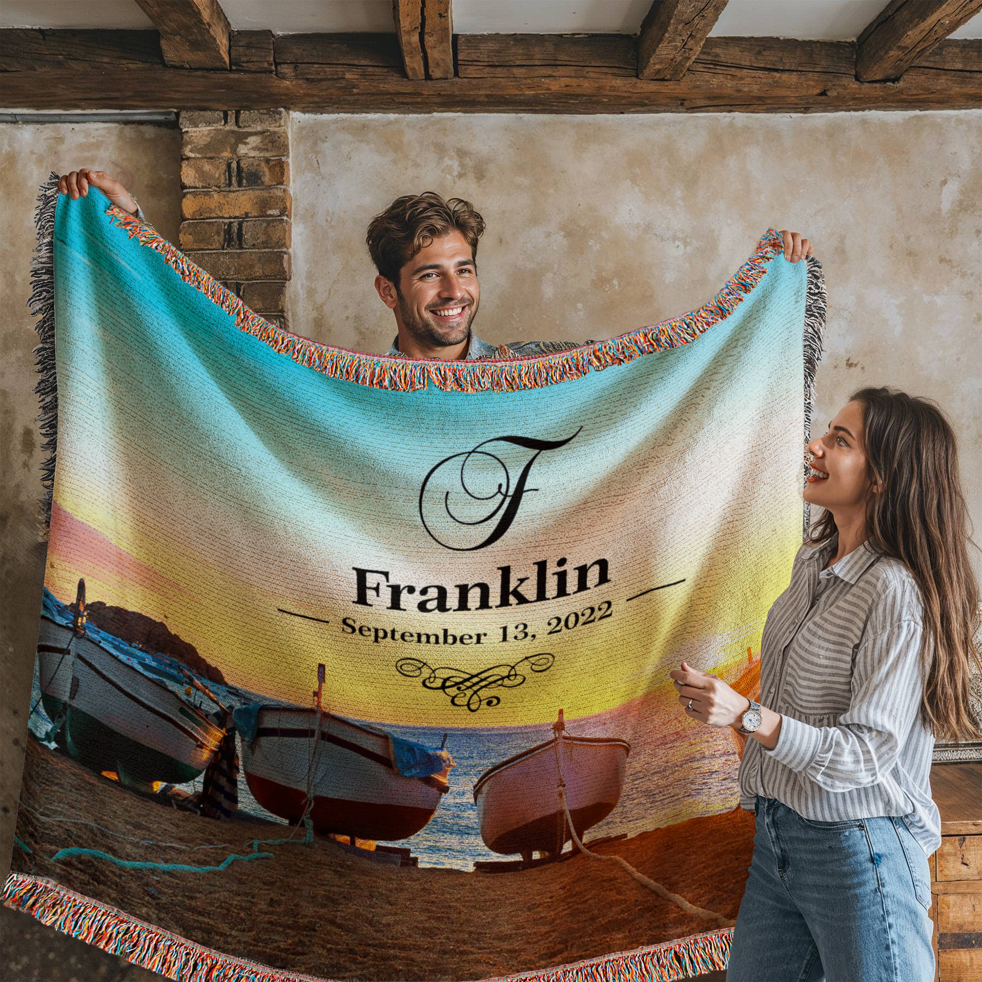 Personalized Boats Sunset Monogram Woven Blanket Custom Last Name and Date Throw