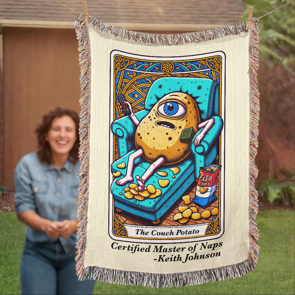 Personalized Couch Potato Tarot Card Woven Blanket – Custom Lazy Day Gift, Fleece/Sherpa Throw