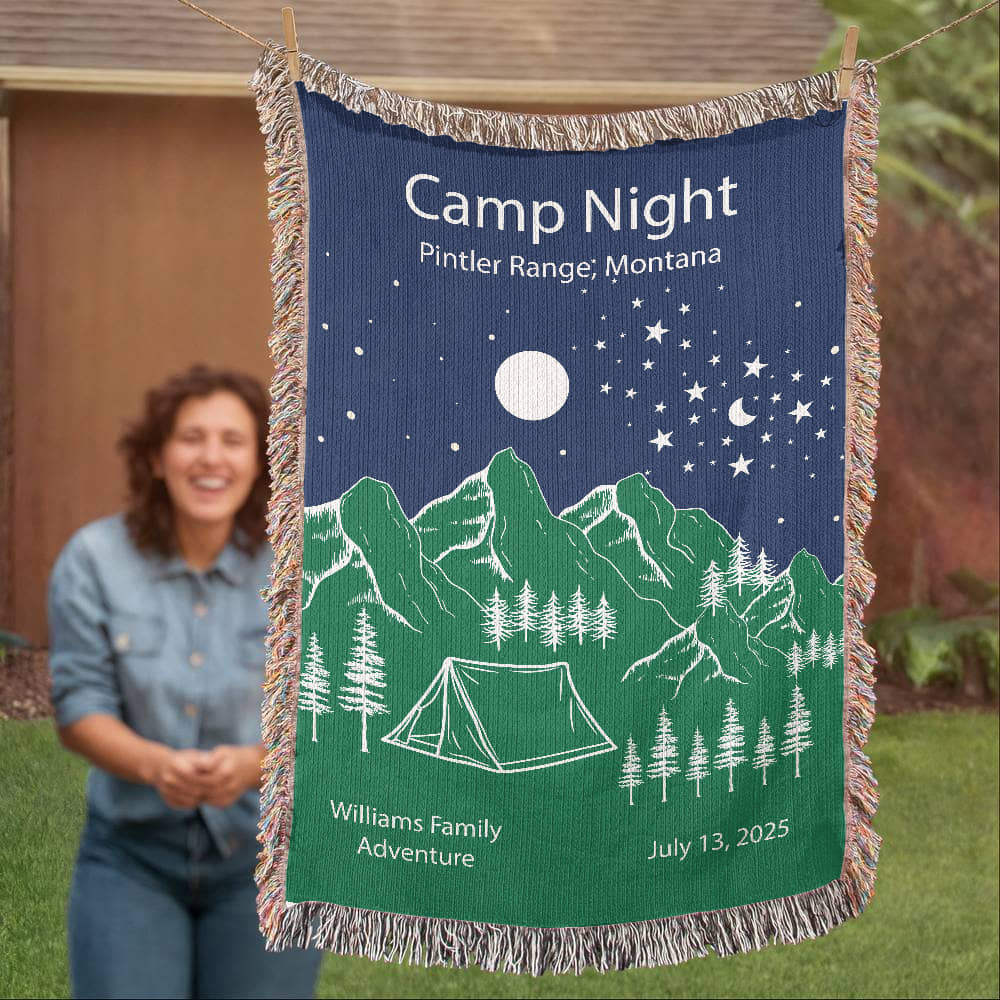 Personalized Camp Night Woven Blanket – Custom Tent Camping Gift, Fleece/Sherpa Throw