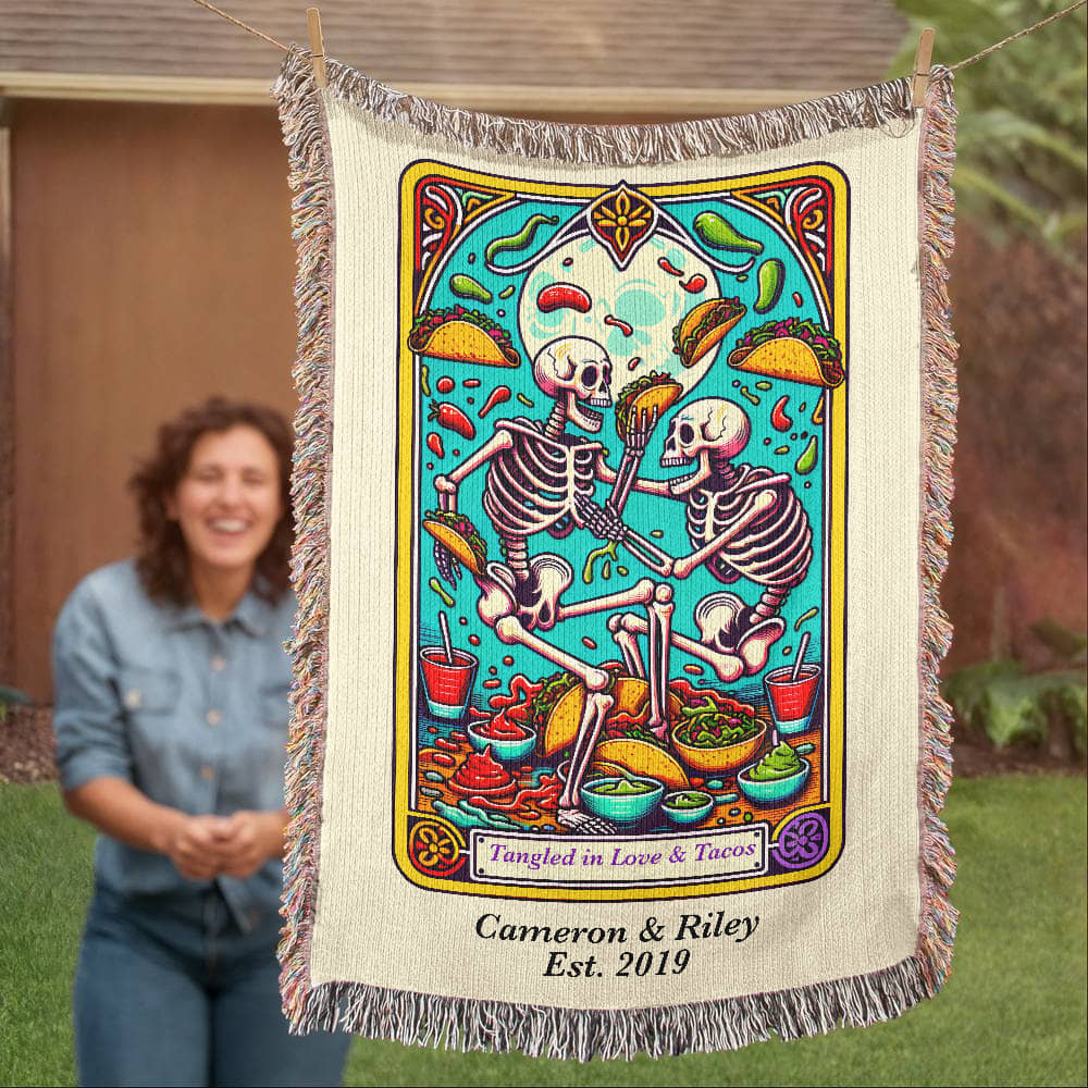 Personalized Love and Tacos Tarot Card Woven Blanket – Custom Couple Gift, Fleece/Sherpa Throw