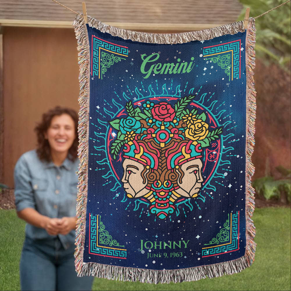 Personalized Gemini Zodiac Woven Blanket – Astrology Gift, Custom Fleece/Sherpa Throw