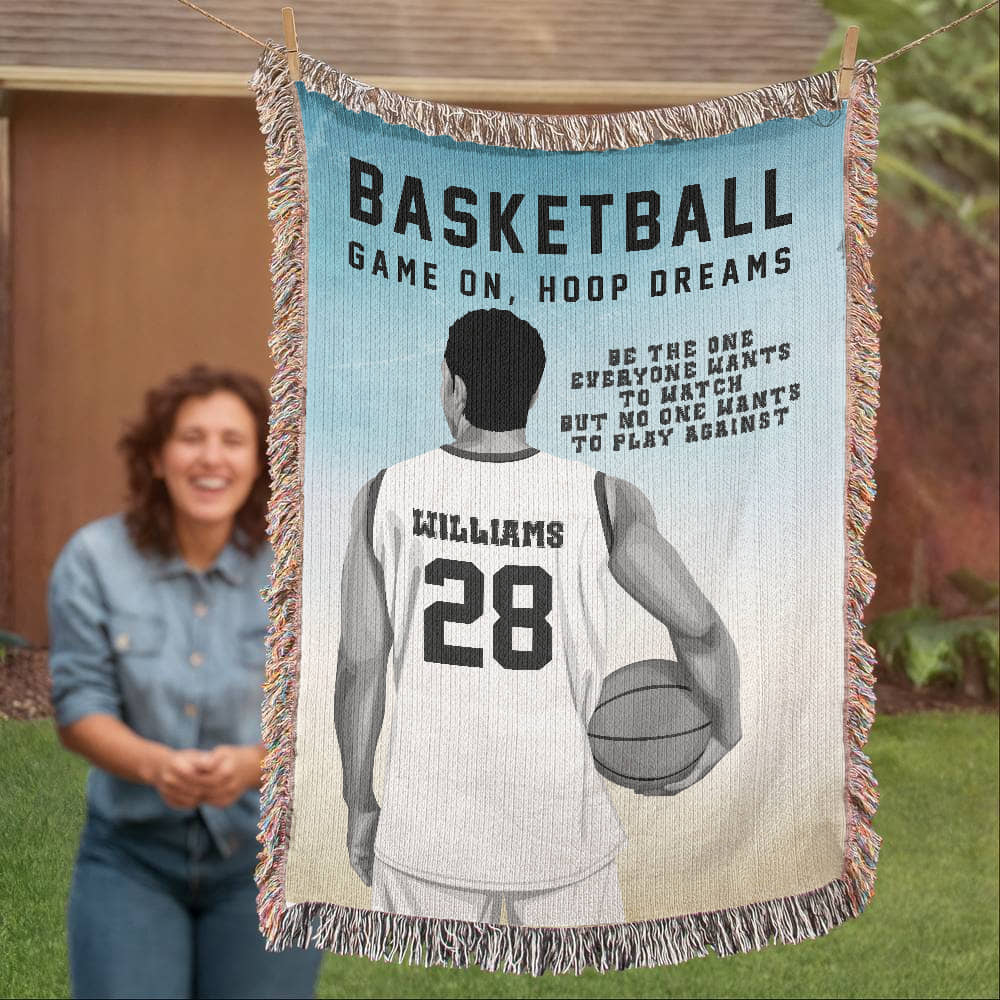 Personalized Basketball Woven Blanket – Boys Basketball Gift, Custom Fleece/Sherpa Throw