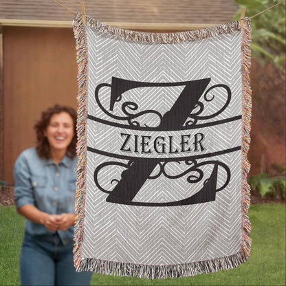 Personalized Swirled Monogram Family Name Woven Blanket Throw – Custom Home Gift