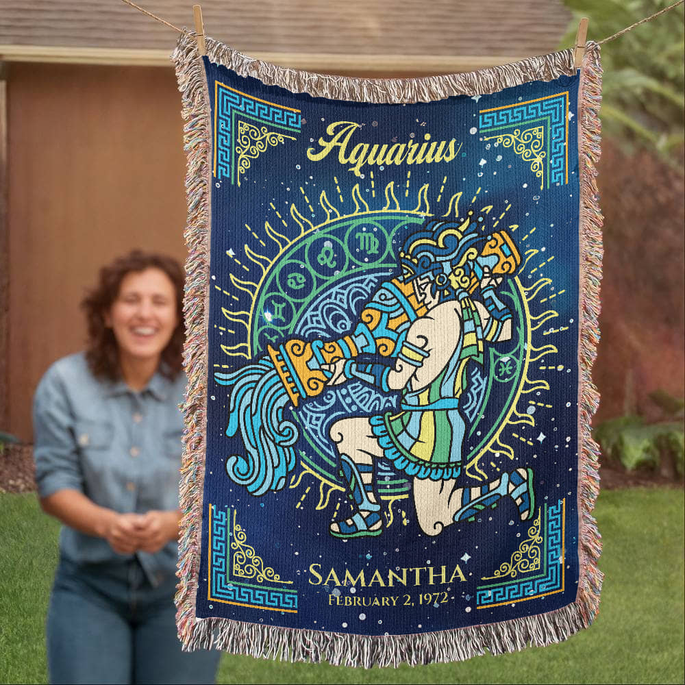 Personalized Aquarius Zodiac Woven Blanket – Astrology Gift, Custom Fleece/Sherpa Throw