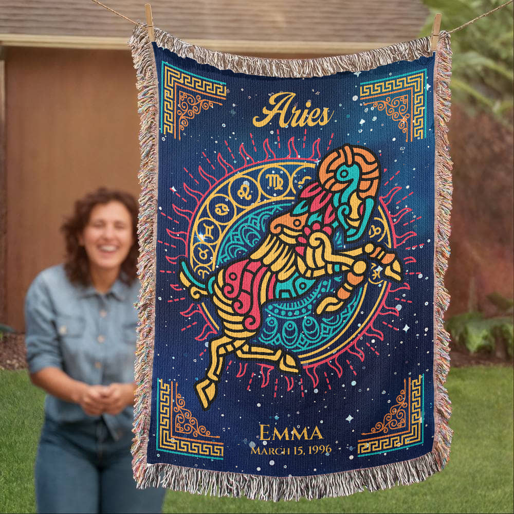 Personalized Aries Zodiac Woven Blanket – Astrology Gift, Custom Fleece/Sherpa Throw
