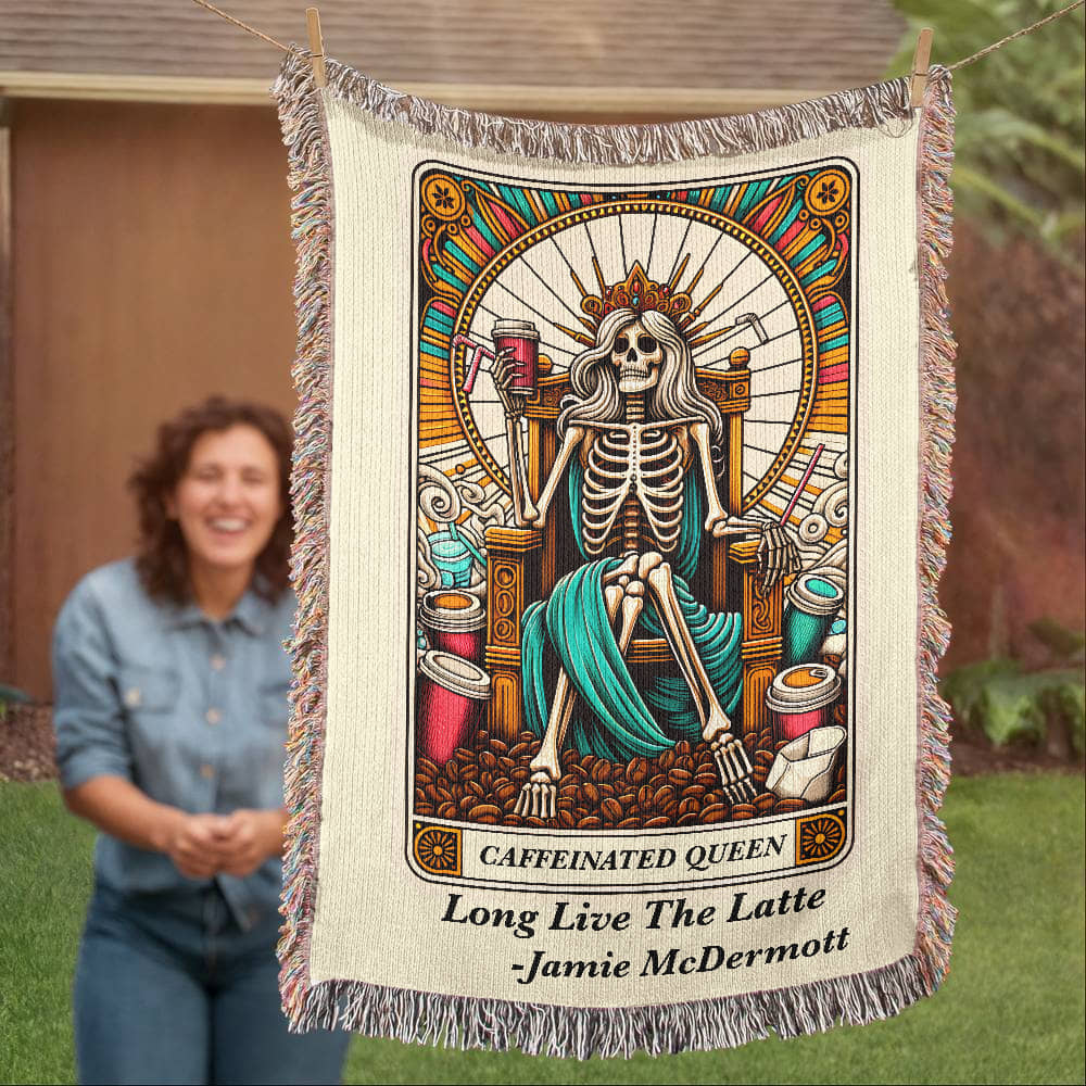 Personalized Caffeinated Queen Tarot Card Woven Blanket – Custom Gift, Fleece/Sherpa Throw