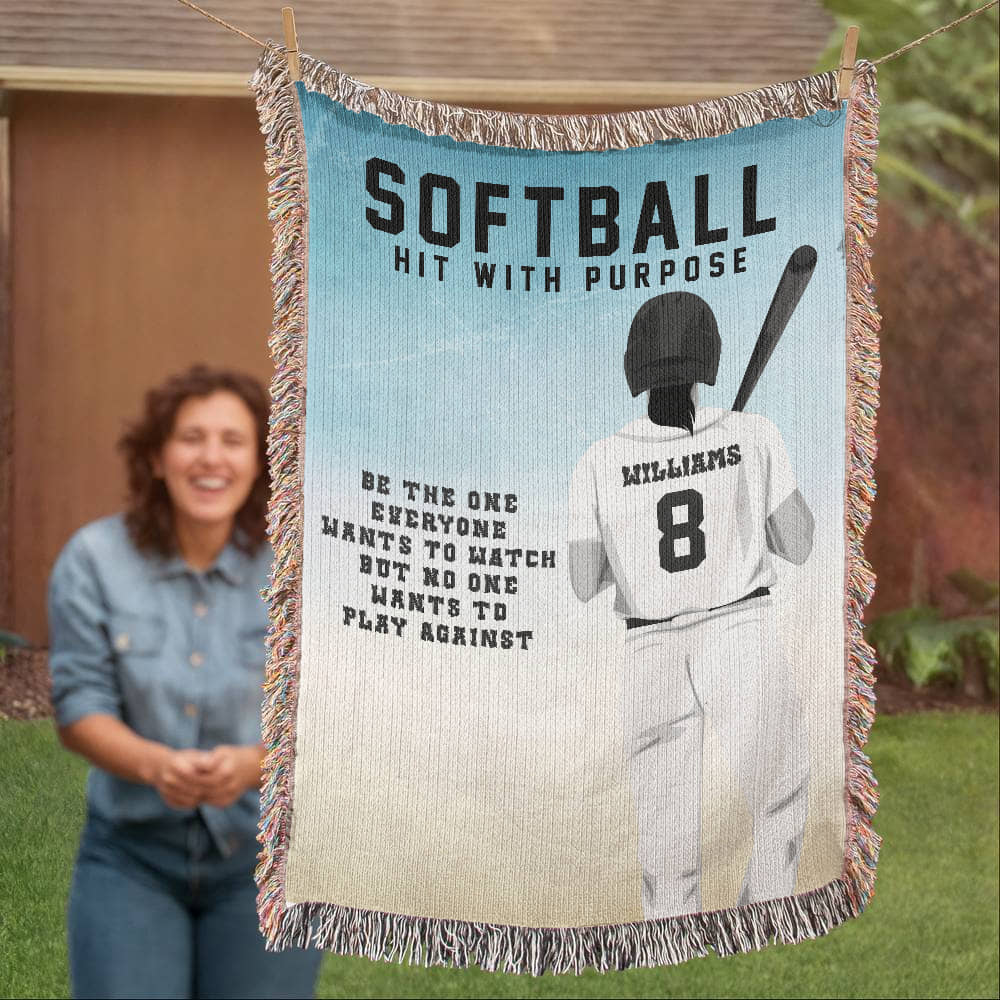 Personalized Girls Softball Woven Blanket – Custom Softball Gift, Fleece/Sherpa Throw