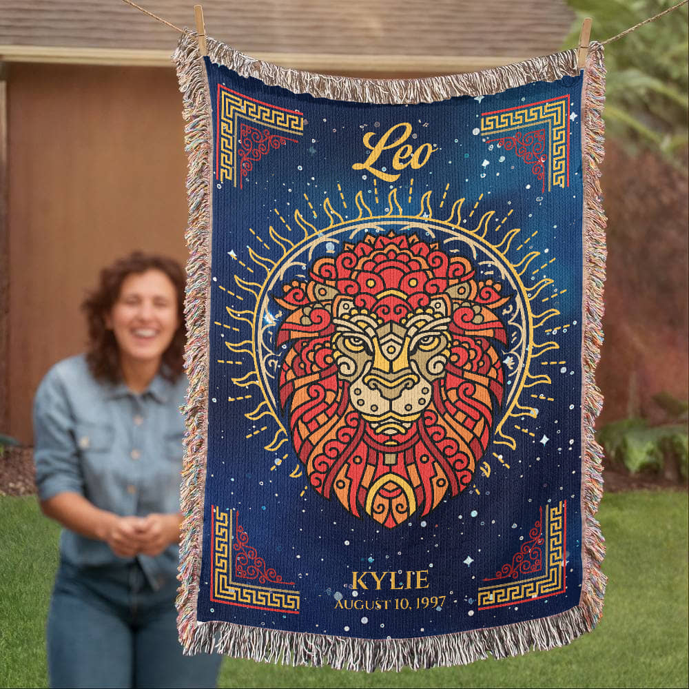 Personalized Leo Zodiac Woven Blanket – Astrology Gift, Custom Fleece/Sherpa Throw