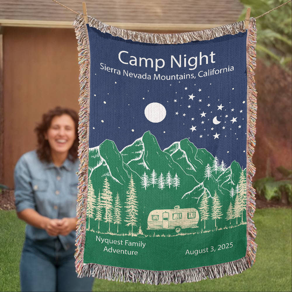 Personalized Camper Night Woven Blanket – Custom RV Adventure Gift, Fleece/Sherpa Throw
