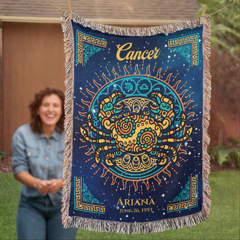 Personalized Cancer Zodiac Woven Blanket – Astrology Gift, Custom Fleece/Sherpa Throw