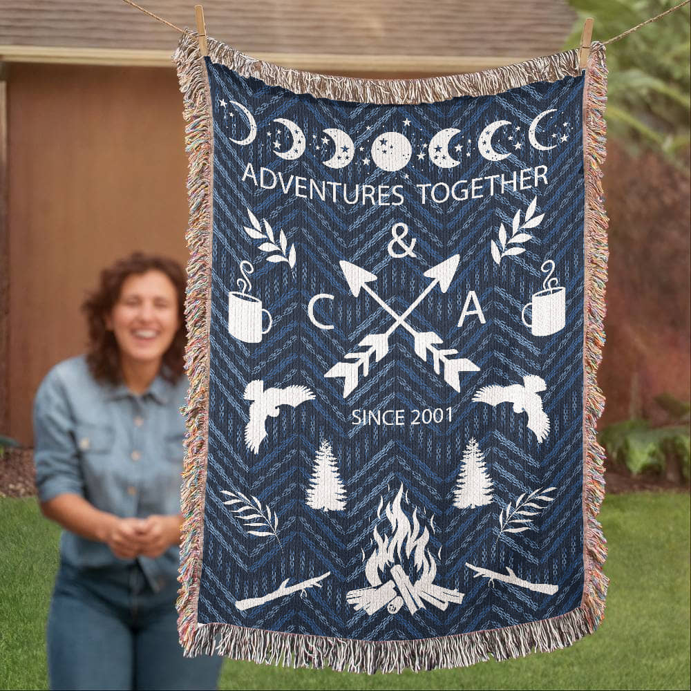 Personalized Camping Woven Blanket – Adventure Together Gift, Custom Fleece/Sherpa Throw