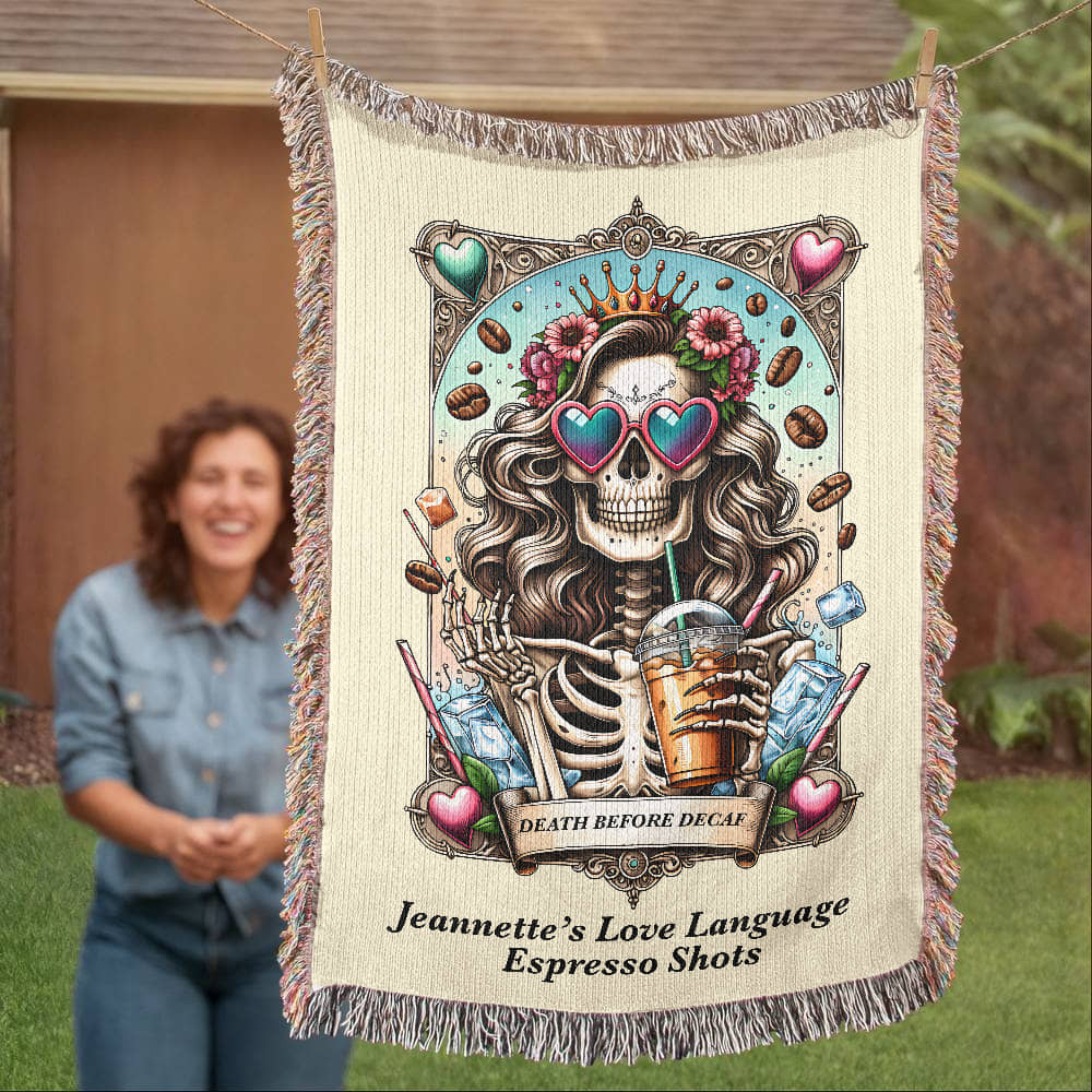 Personalized Death Before Decaf Tarot Card Woven Blanket – Custom Coffee Lover Gift, Fleece/Sherpa Throw