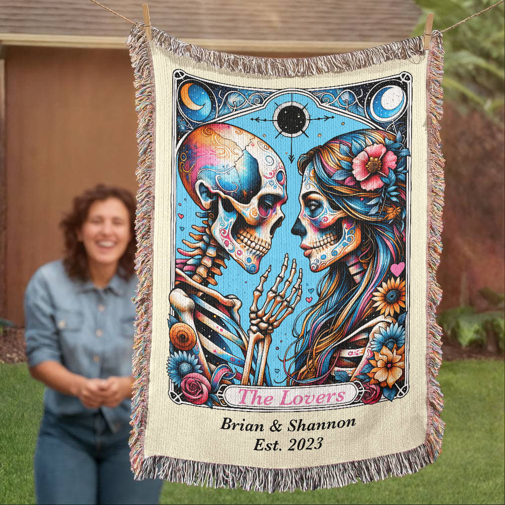 Personalized The Lovers Tarot Card Woven Blanket Custom Couple Gift Throw