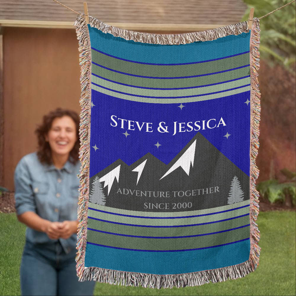 Personalized Mountain Adventure Woven Blanket – Custom Couples Camping Gift, Fleece/Sherpa Throw
