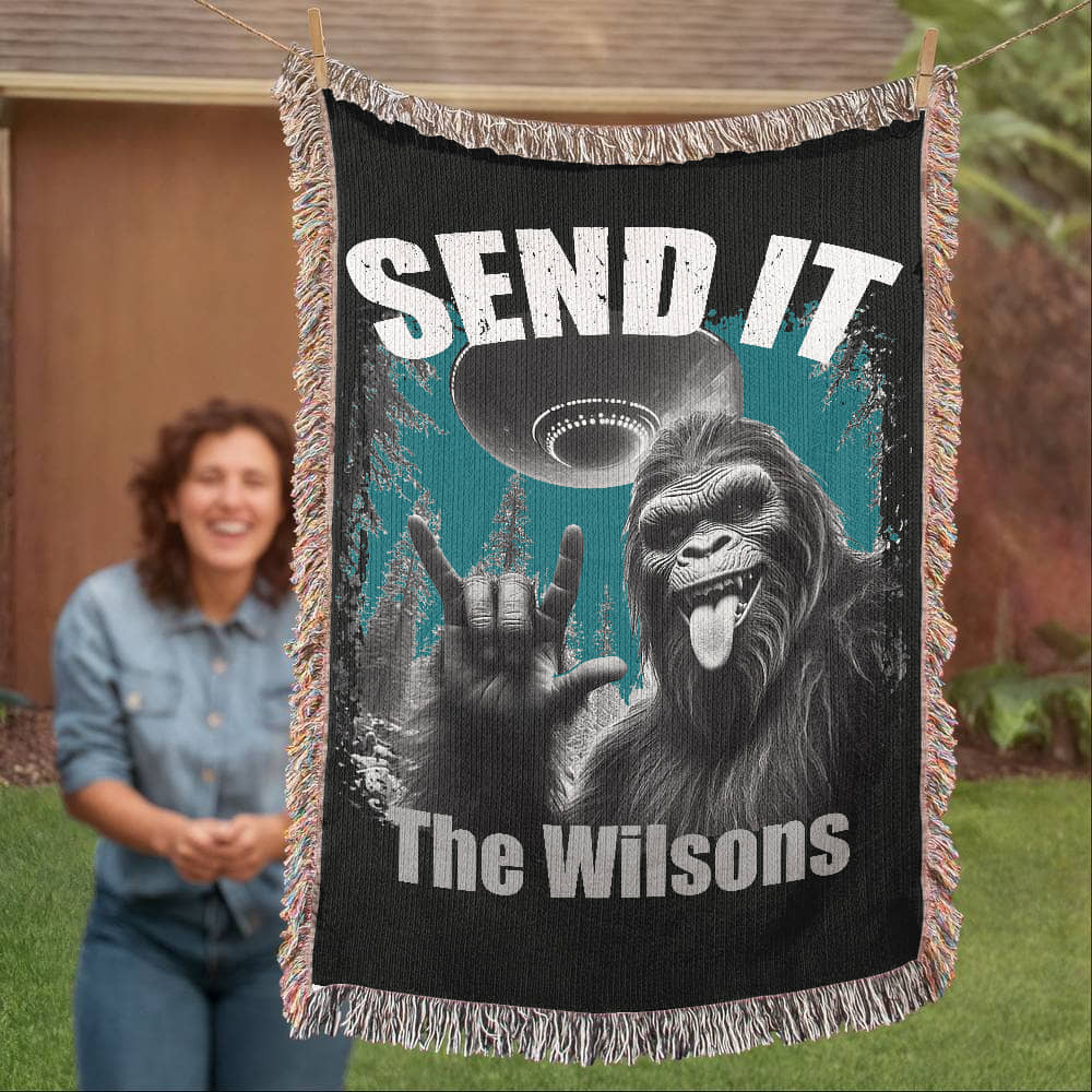 Personalized Bigfoot “Send It” Woven Blanket Custom Funny Gift Throw