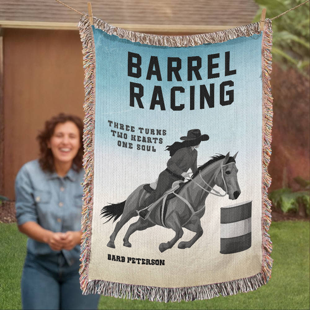 Personalized Barrel Racing Woven Blanket – Cowgirl Gift, Custom Fleece/Sherpa Throw