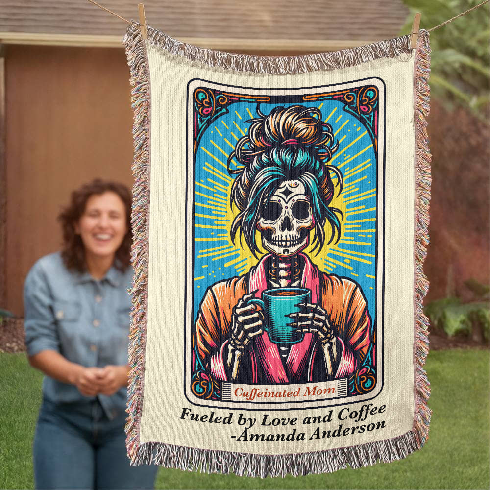 Personalized Caffeinated Mom Tarot Card Woven Blanket – Custom Skeleton Gift, Fleece/Sherpa Throw