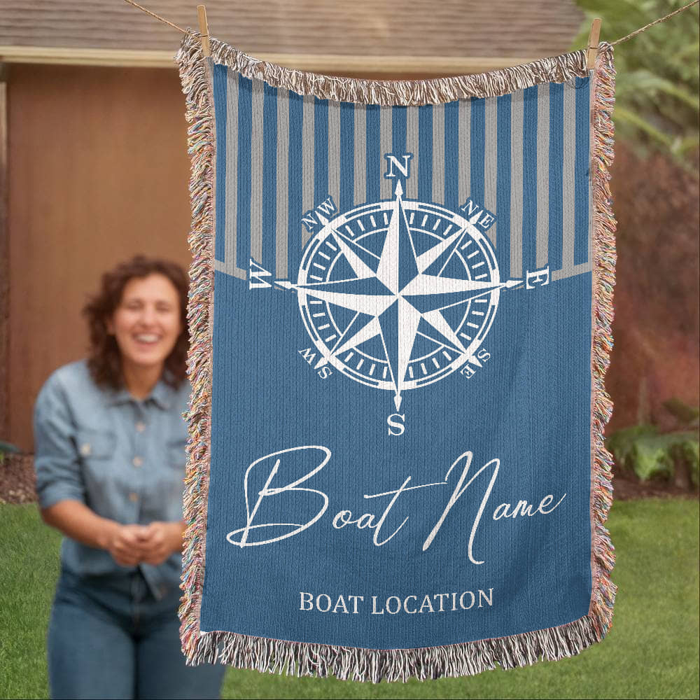 Personalized Nautical Compass Woven Blanket Custom Boat Name and Location Throw