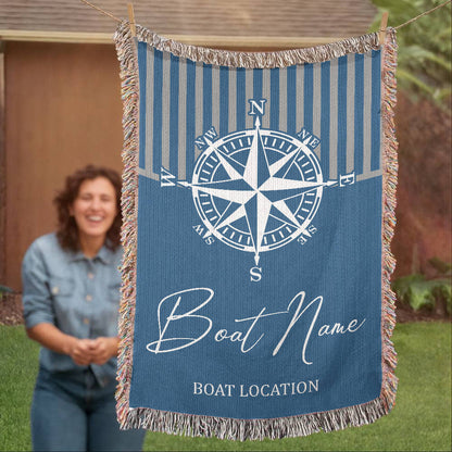 Personalized Nautical Compass Woven Blanket Custom Boat Name and Location Throw