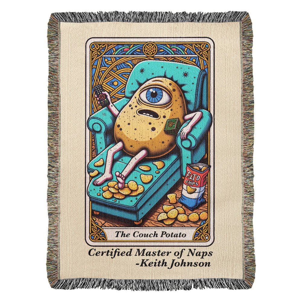Personalized Couch Potato Tarot Card Woven Blanket – Custom Lazy Day Gift, Fleece/Sherpa Throw