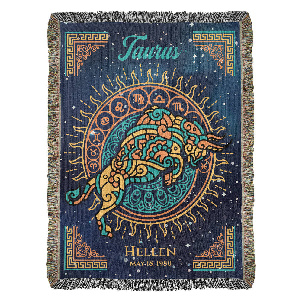 A personalized woven blanket with a Taurus zodiac sign design, featuring a bull, and personalized text including the name 'HELEN' and the dates 'April 20, 1990'.