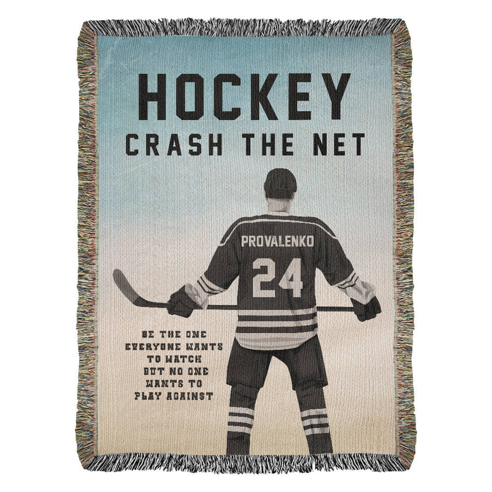 Personalized Hockey Woven Blanket – Boys Hockey Gift, Custom Fleece/Sherpa Throw