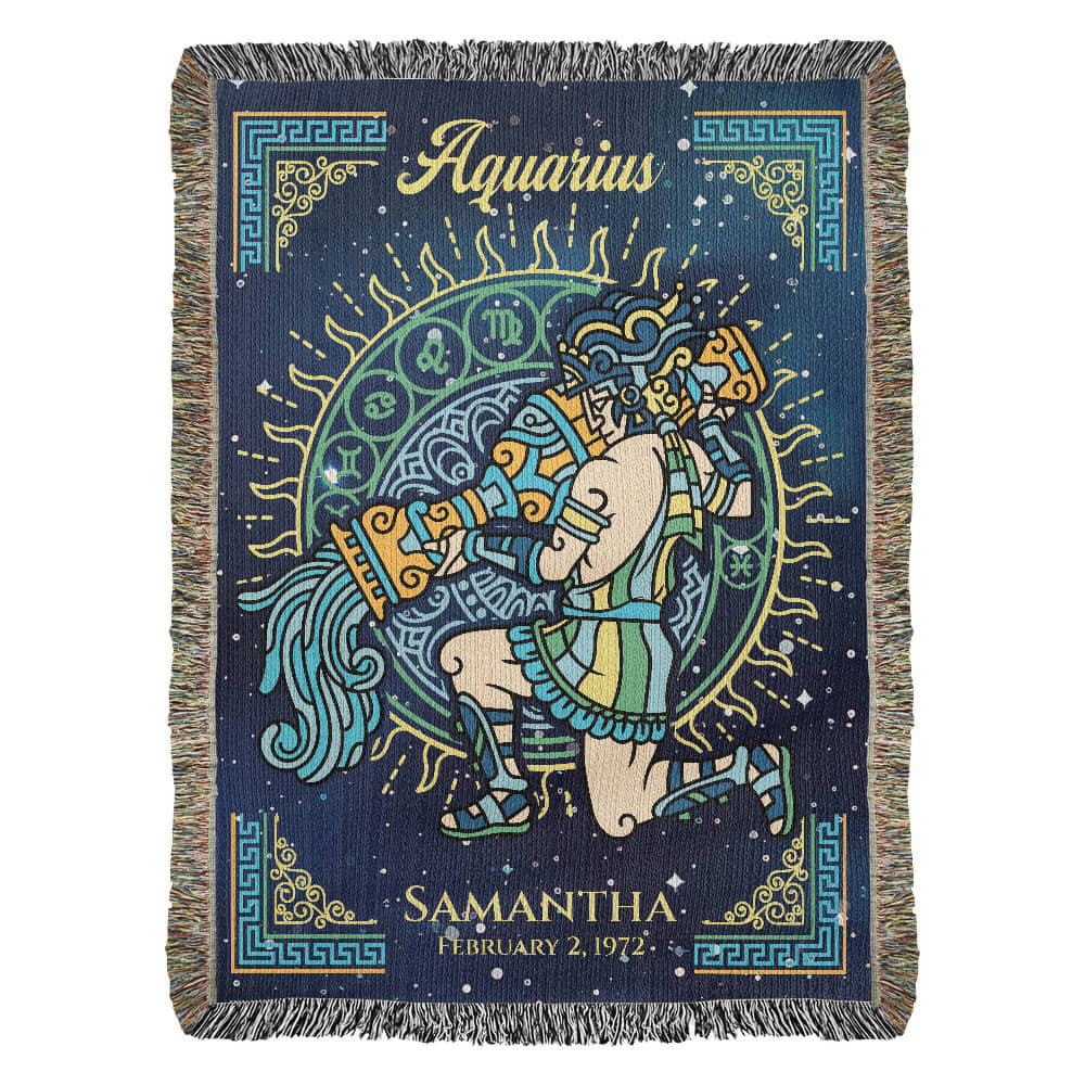 Personalized Aquarius Zodiac Woven Blanket – Astrology Gift, Custom Fleece/Sherpa Throw