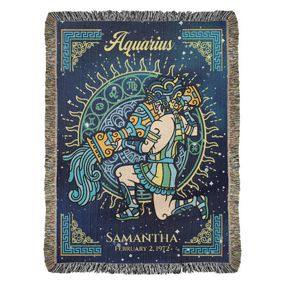 A personalized woven blanket with the Aquarius zodiac sign design, featuring the name Samantha and a date range of February 2-18.