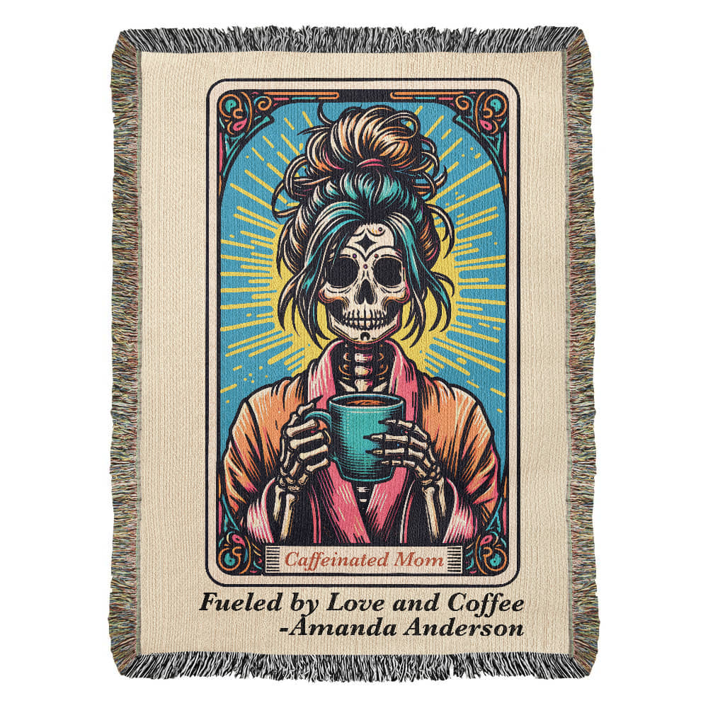Personalized Caffeinated Mom Tarot Card Woven Blanket – Custom Skeleton Gift, Fleece/Sherpa Throw