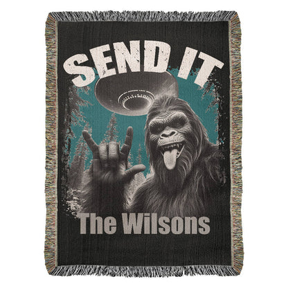 Personalized Bigfoot “Send It” Woven Blanket Custom Funny Gift Throw