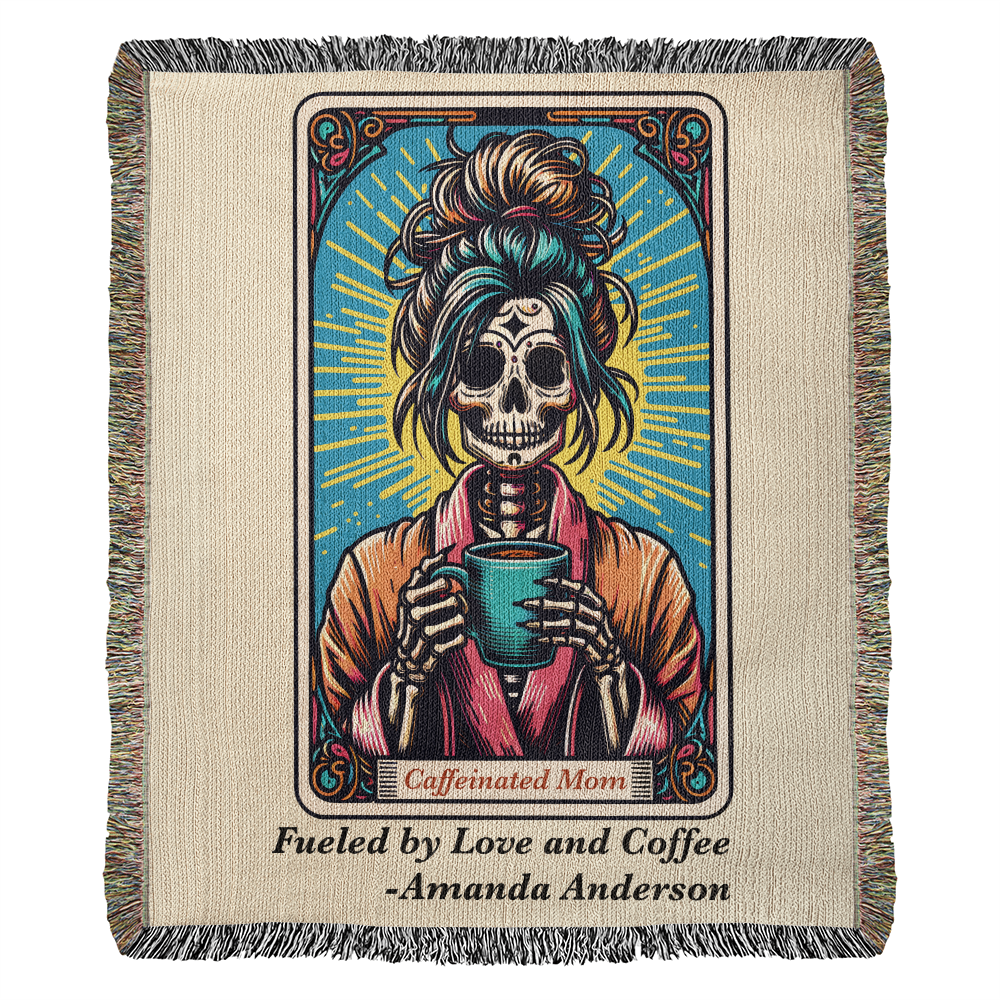 Personalized Caffeinated Mom Tarot Card Woven Blanket – Custom Skeleton Gift, Fleece/Sherpa Throw