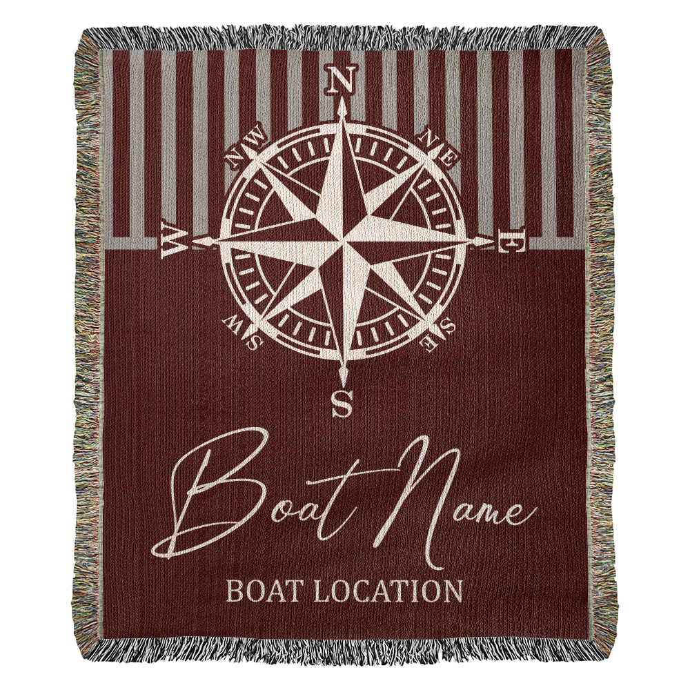 Personalized Nautical Compass Woven Blanket Custom Boat Name and Location Throw