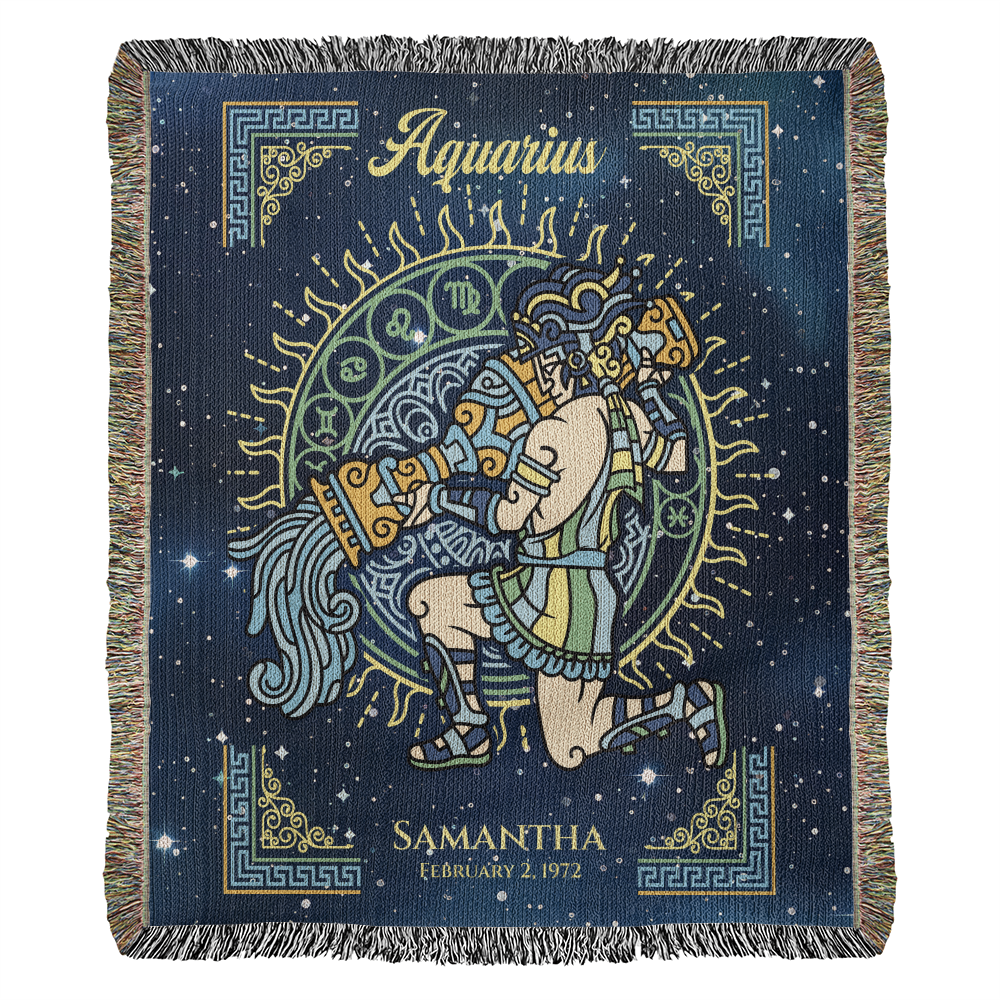Personalized Aquarius Zodiac Woven Blanket – Astrology Gift, Custom Fleece/Sherpa Throw