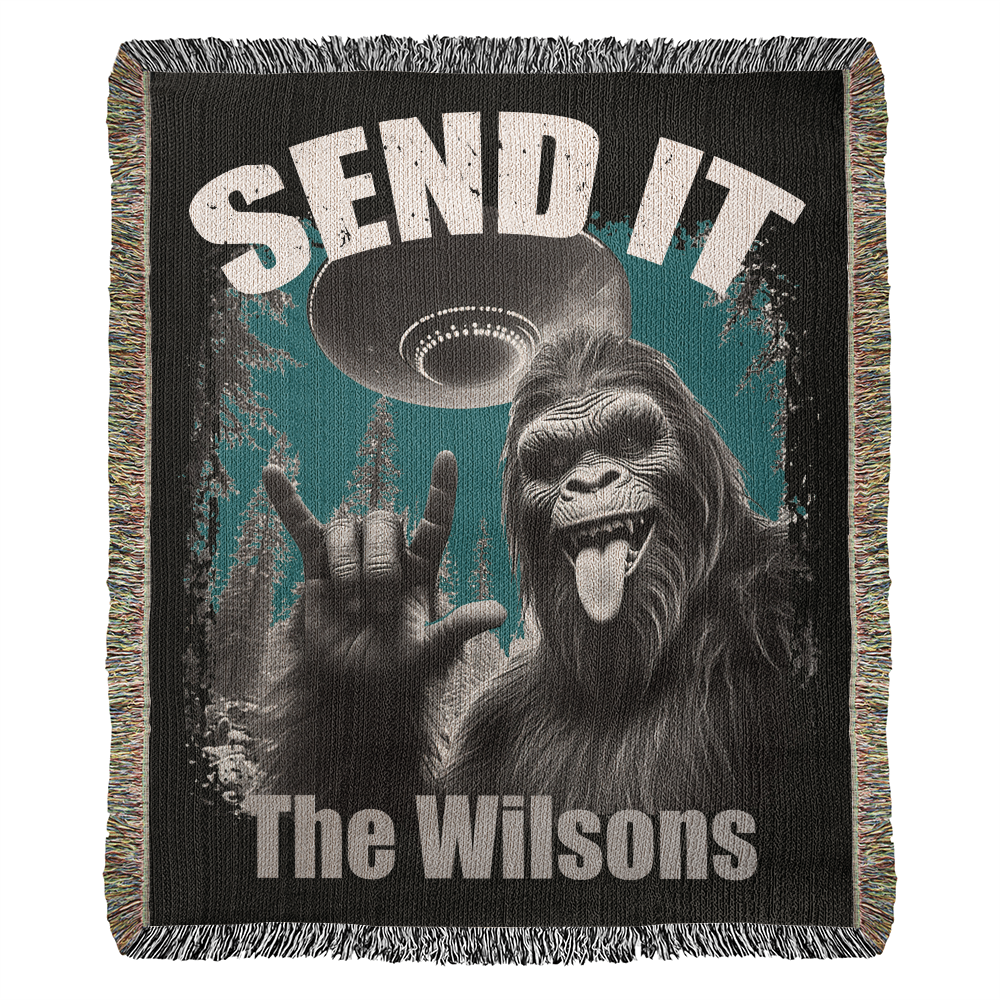 Personalized Bigfoot “Send It” Woven Blanket Custom Funny Gift Throw