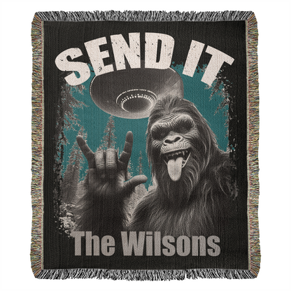 Personalized Bigfoot “Send It” Woven Blanket Custom Funny Gift Throw